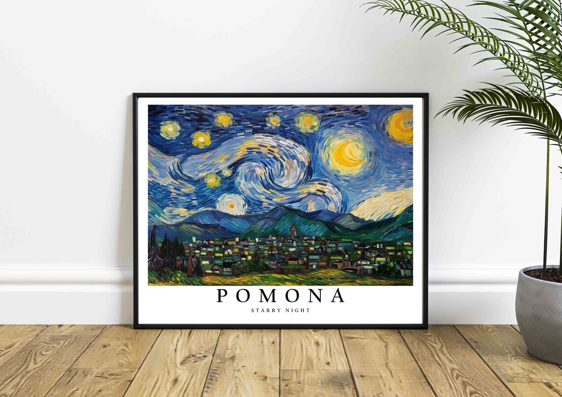 Pomona California Starry Night Mountain Town Skyline Art Poster - Image 4