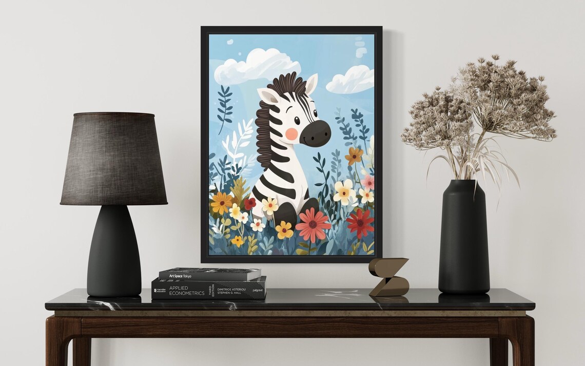 Cute Smiling Baby Zebra in Blooming Meadow Nursery Room Poster - Image 2