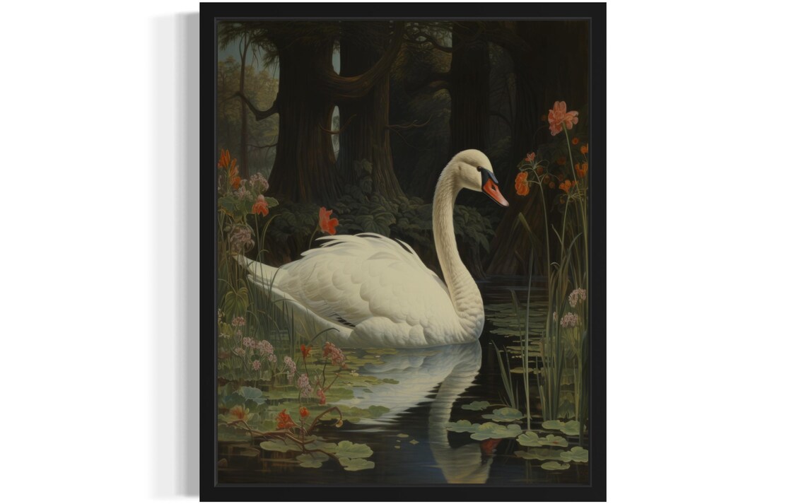 Mute Swan Gliding on a Dark Floral Lily Pond Vintage Waterfowl Poster