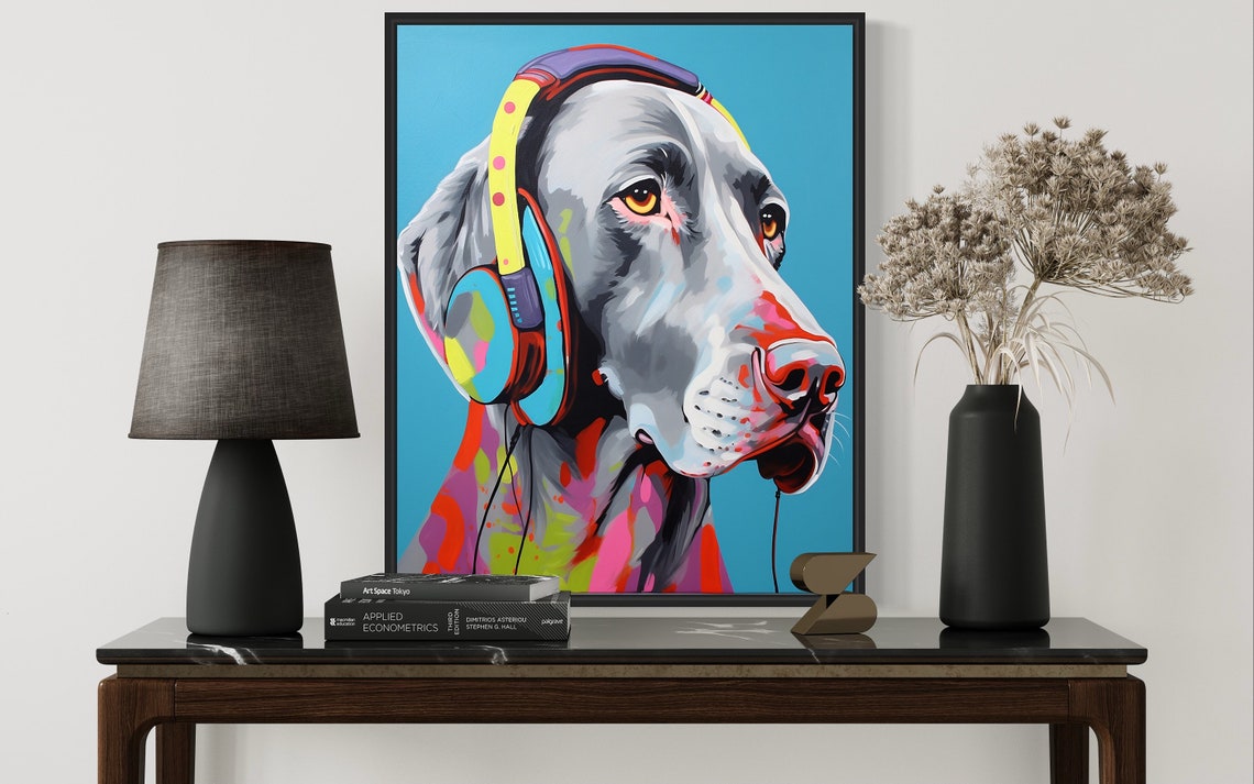 Weimaraner Dog Wearing Headphones Colorful Pop Art Portrait Poster - Image 3