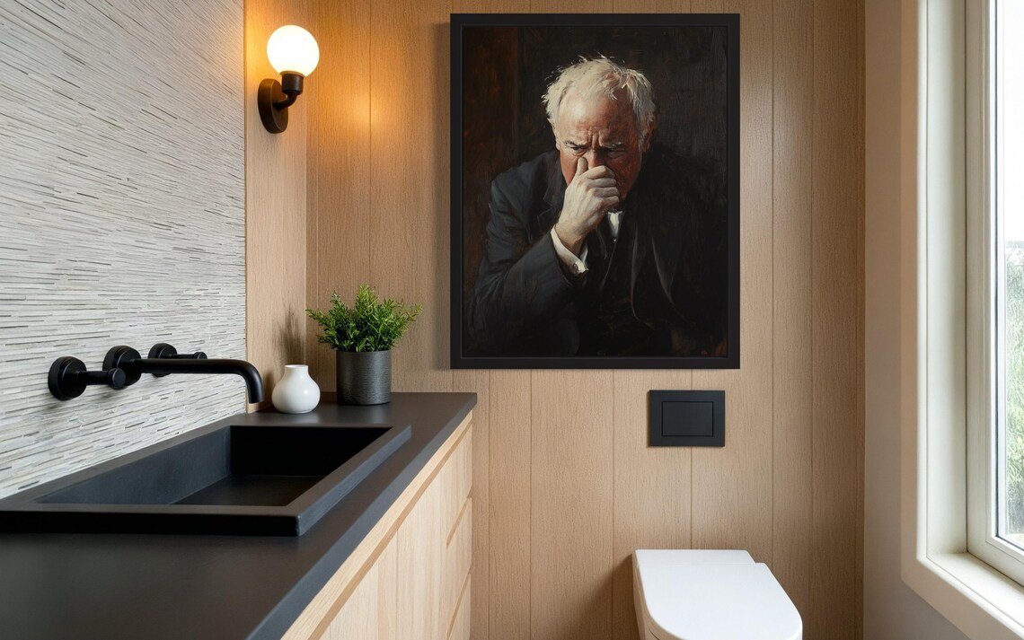 White Haired Old Man in Suit Holding His Nose Oil Painting Poster - Image 3