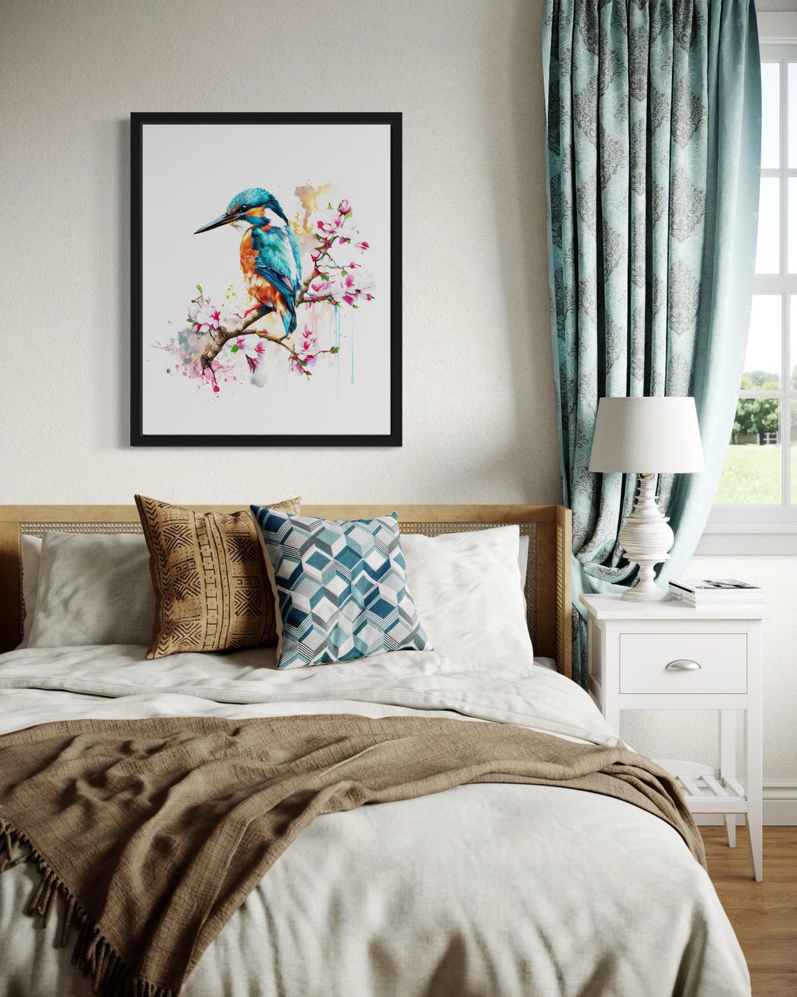 Kingfisher On Blossom Branch In Watercolor Spring Bird Poster - Image 3