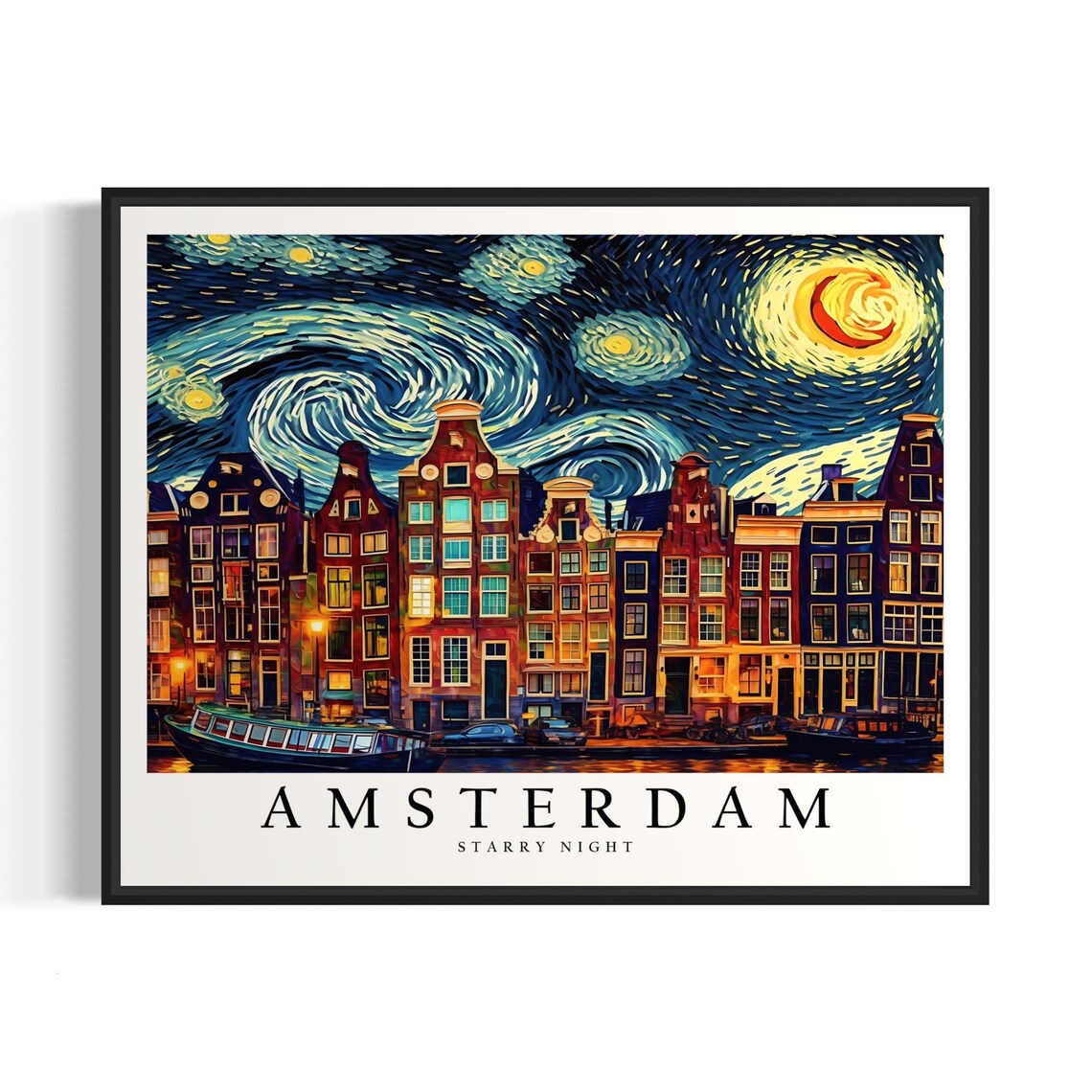 Amsterdam Canal Houses Under Van Gogh Starry Night Sky Poster