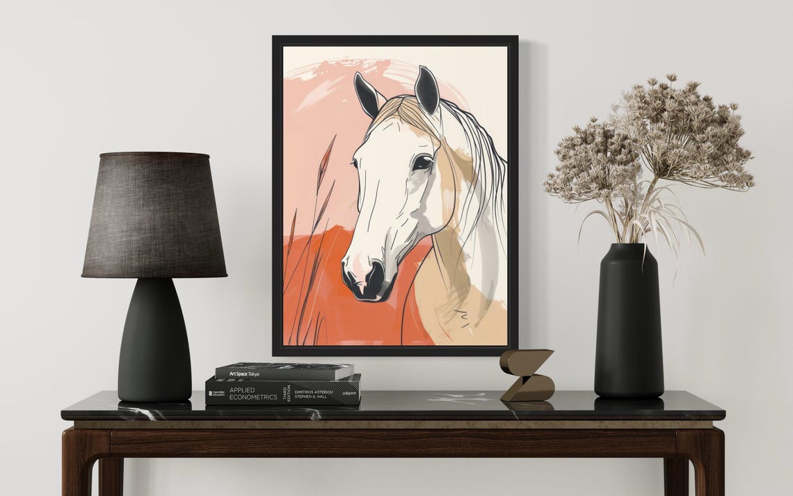 White Horse Head Elegant Line Art Peach Abstract Decor Poster - Image 3