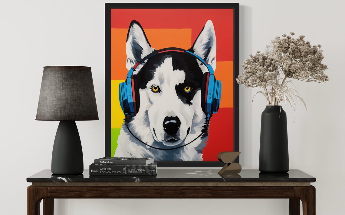 Siberian Husky Wearing Blue Headphones Rainbow Pop Art Poster - Image 2
