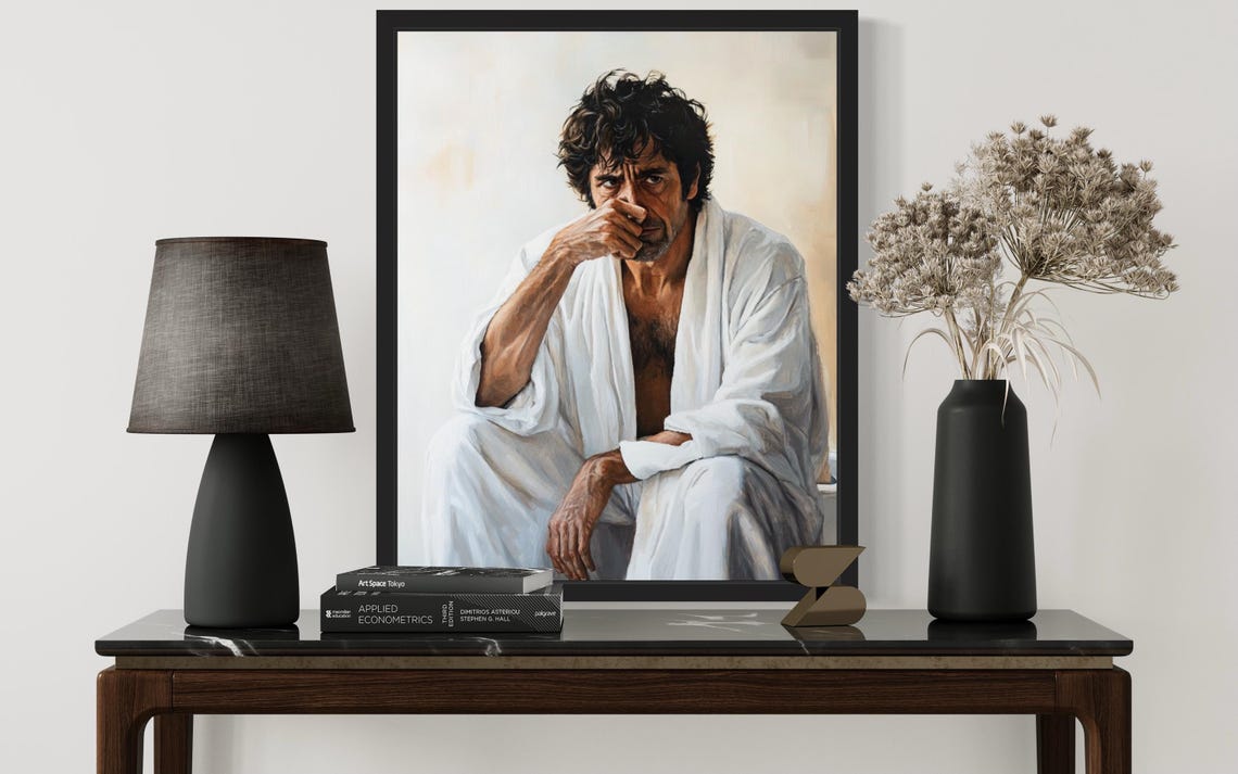 Older Curly Haired Man in White Robe Holding Nose Funny Poster - Image 3