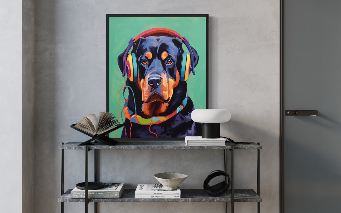 Rottweiler Dog Wearing Headphones Colorful Pop Art Portrait Poster - Image 2