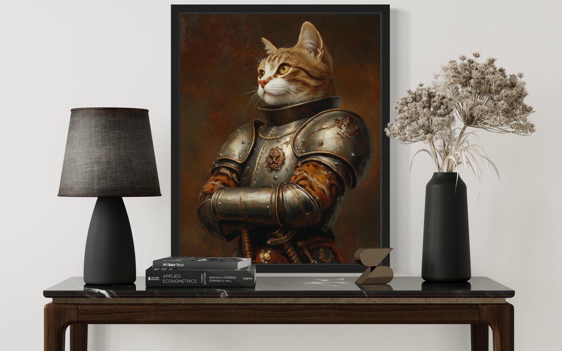 Ginger Tabby Cat In Medieval Knight Armor Oil Portrait Poster - Image 3