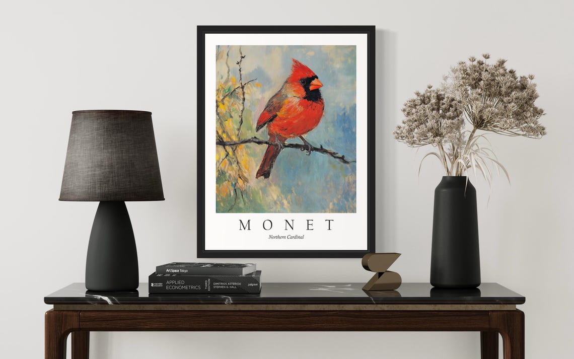 Northern Cardinal on a Winter Branch Monet Style Songbird Poster - Image 3
