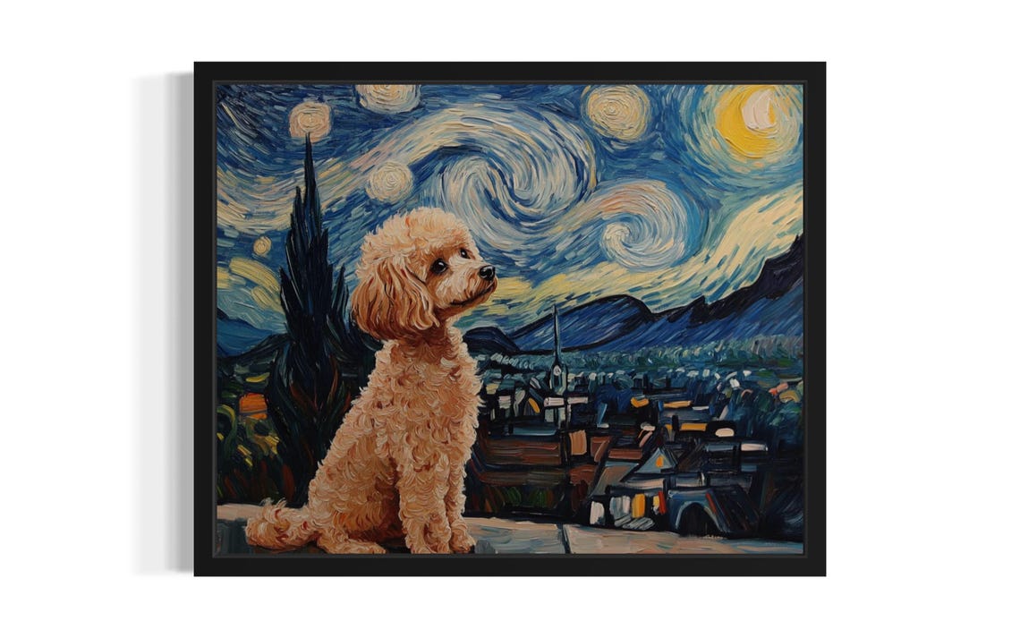 Poodle Puppy Under Swirling Starry Night Sky Dog Portrait Poster