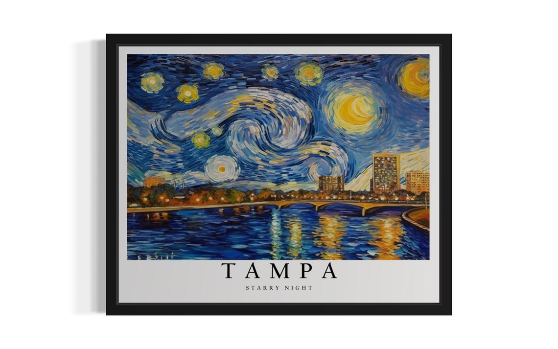 Tampa Florida Starry Night Bayfront Skyline Bridge Art Poster