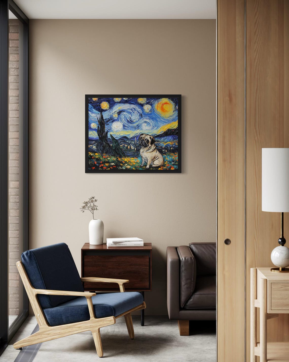 Pug Dog Sitting Under Van Gogh Swirling Starry Night Sky Poster - Image 3