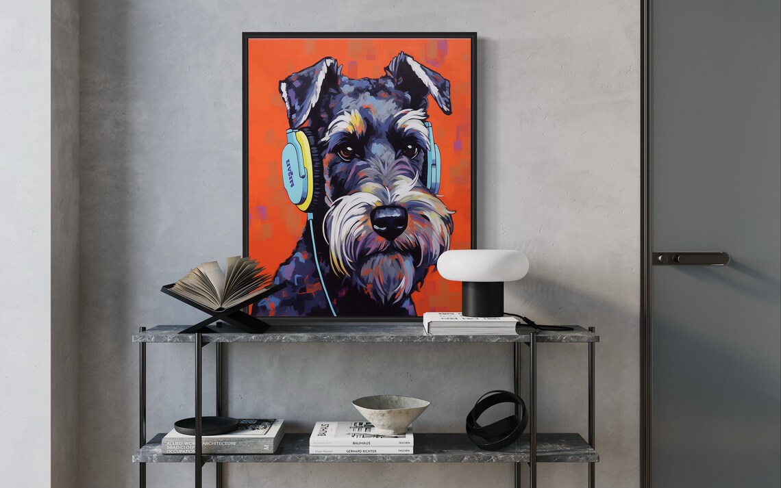 Schnauzer Wearing Headphones Colorful Pop Art Dog Portrait Poster - Image 2