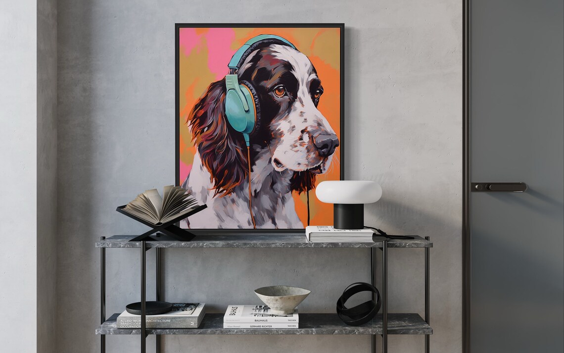 English Setter Dog Wearing Headphones Sunset Pop Art Music Poster - Image 2