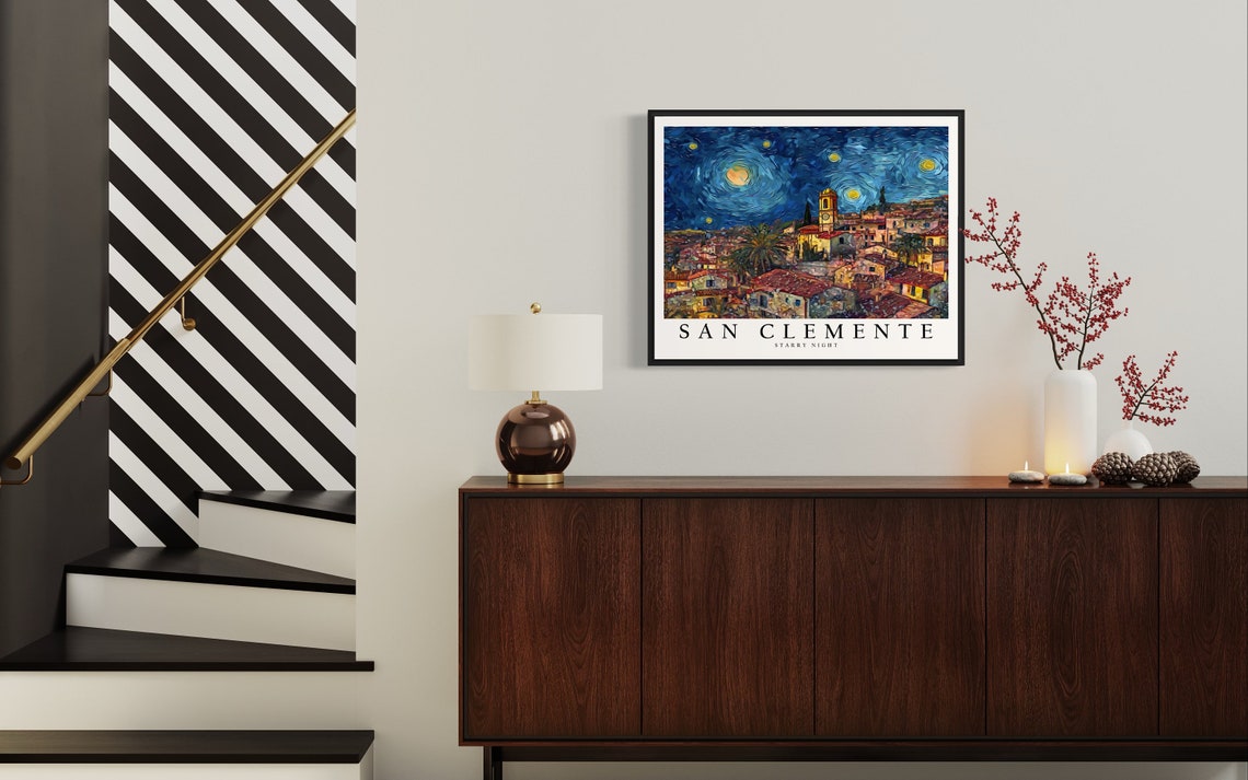 San Clemente Starry Night Hillside Town Church Tower Moonlit Poster - Image 4