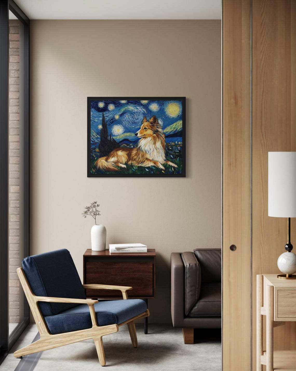 Shetland Sheepdog Resting Under Van Gogh Starry Night Sky Poster - Image 4