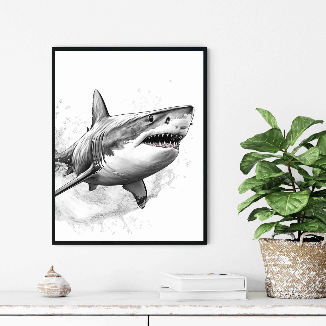 Great White Shark Black and White Breaching Ocean Wave Poster - Image 4