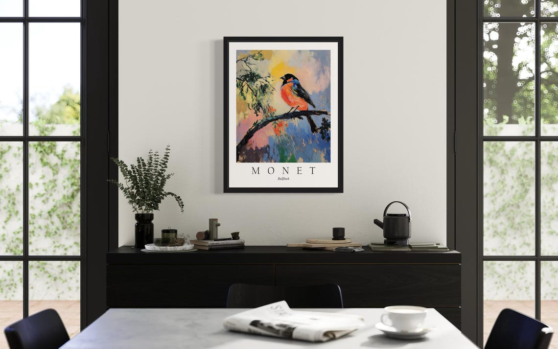 Bullfinch with Red Breast in Monet Style Impressionist Poster - Image 3