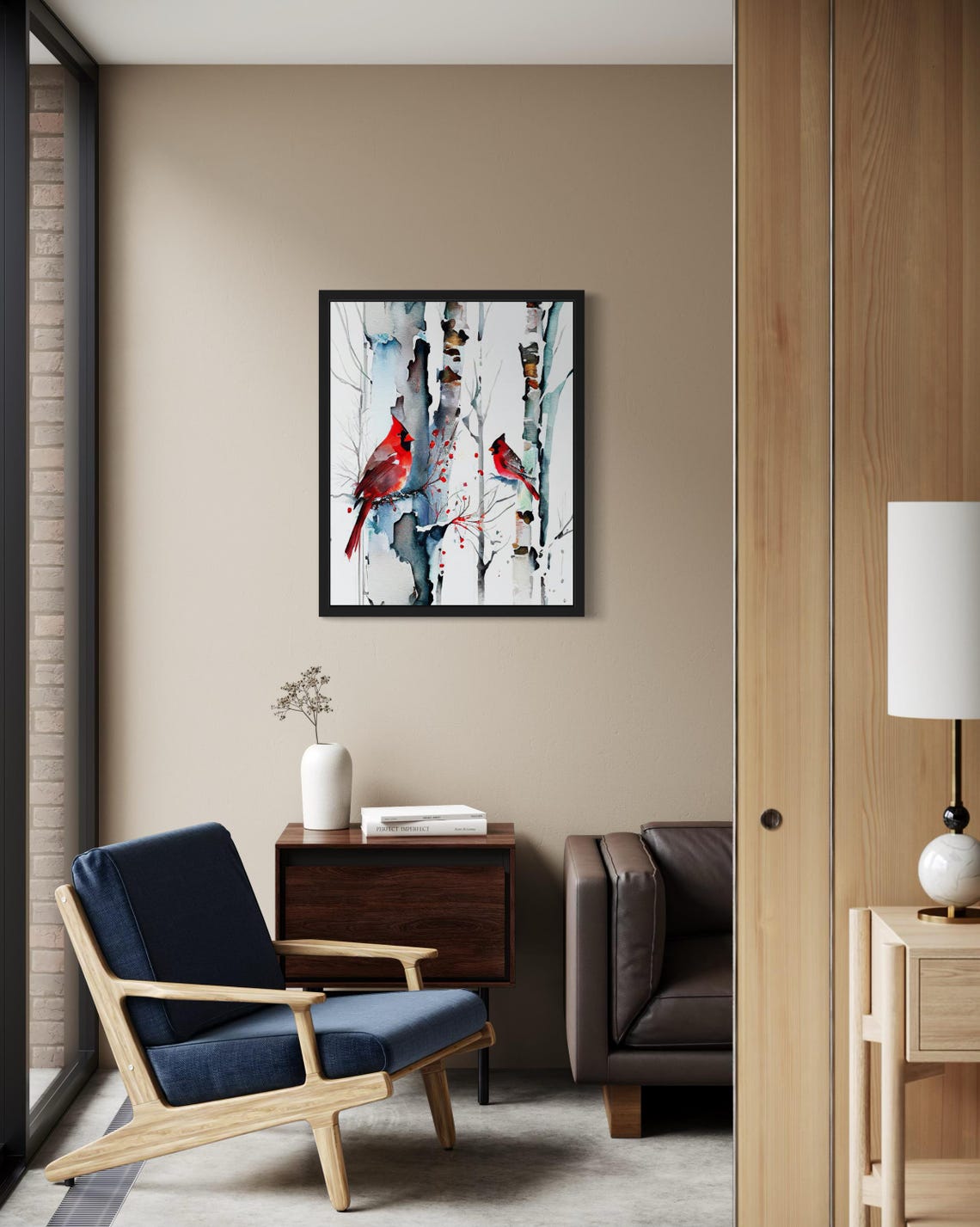 Pair of Red Cardinals on Snowy Birch Trees Winter Watercolor Poster - Image 2