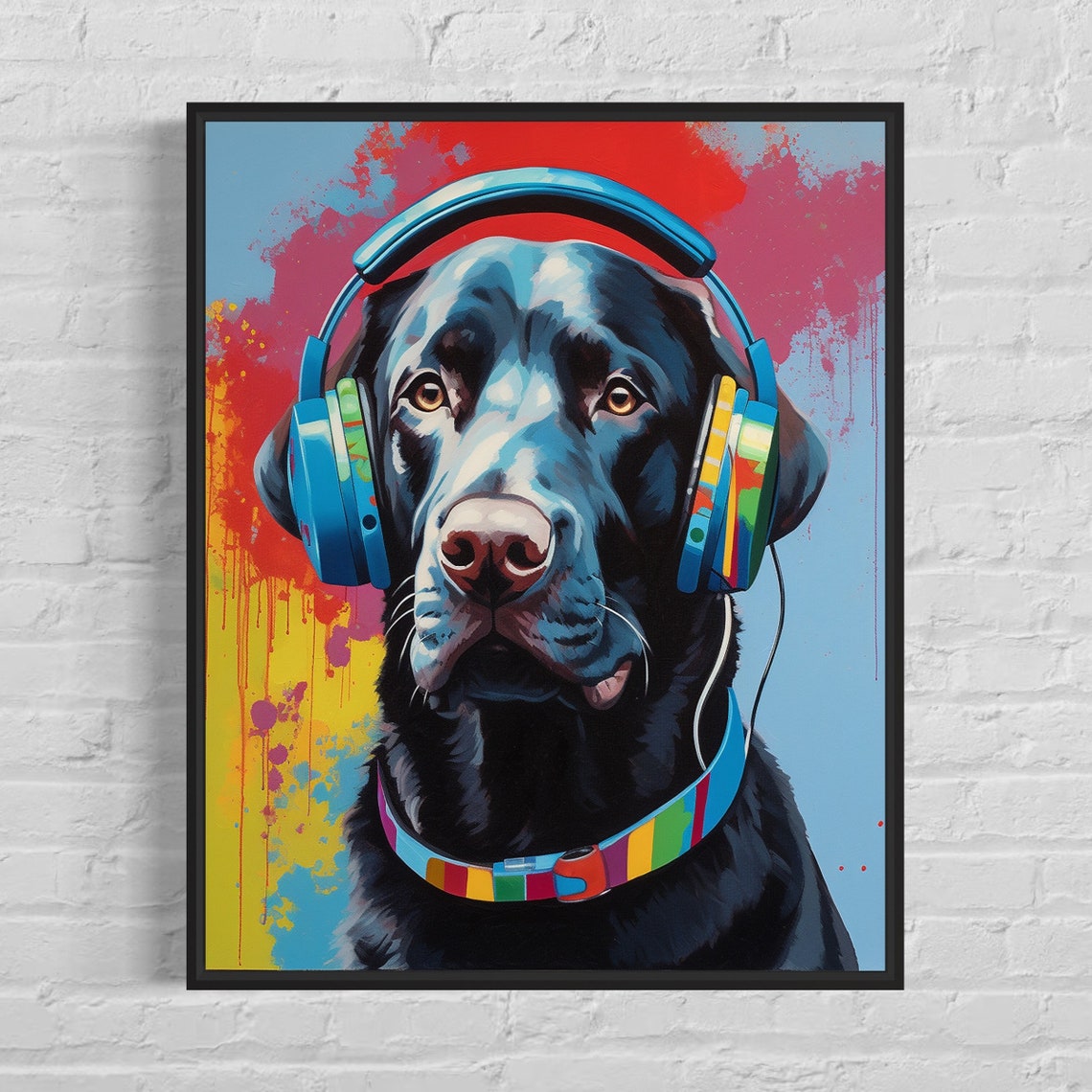 Black Labrador Retriever Wearing Headphones Pop Art Portrait Poster