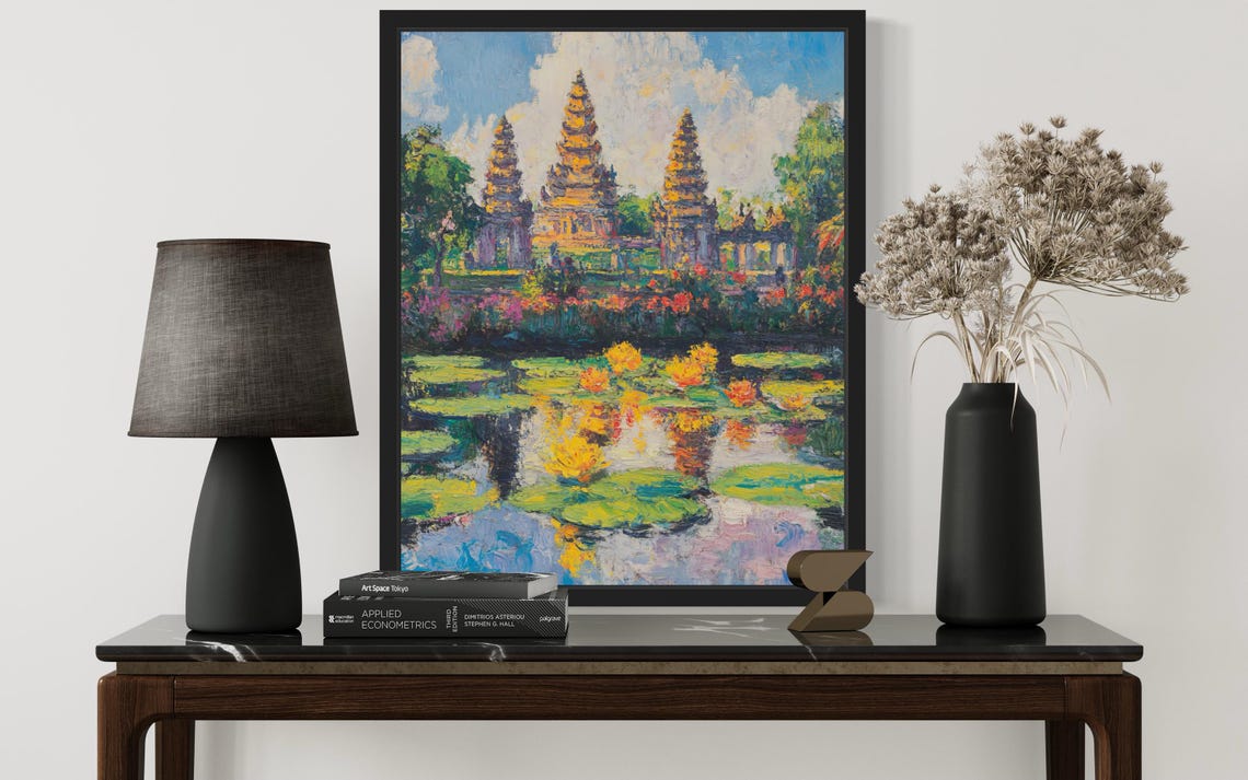 Indonesian Temple Towers Reflected in Lotus Pond Painting Poster - Image 3
