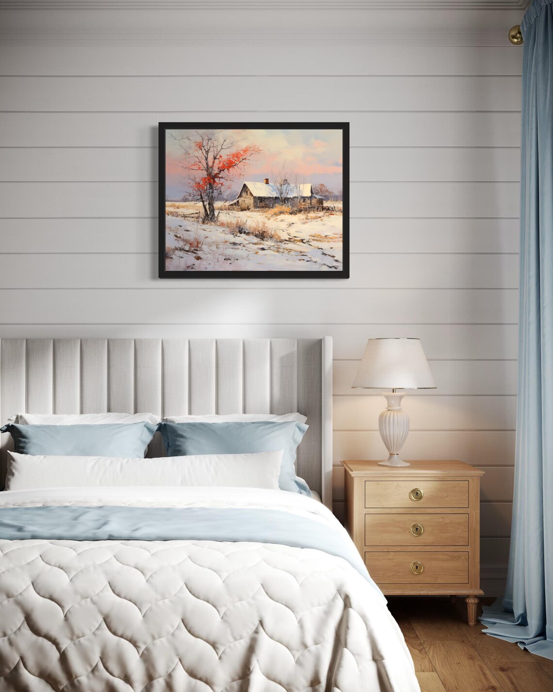 Snowy Farmhouse at Dawn in Quiet Winter Countryside Painting Poster - Image 4
