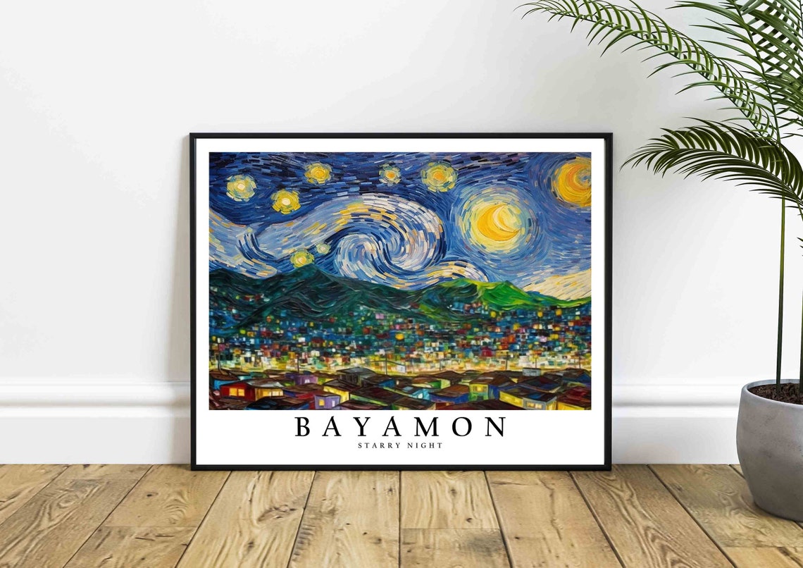 Bayamon Starry Night Hillside Town Colorful Lights View Poster - Image 4