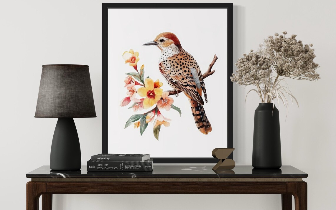 Northern Flicker On Yellow Blossom Branch Watercolor Bird Poster - Image 2