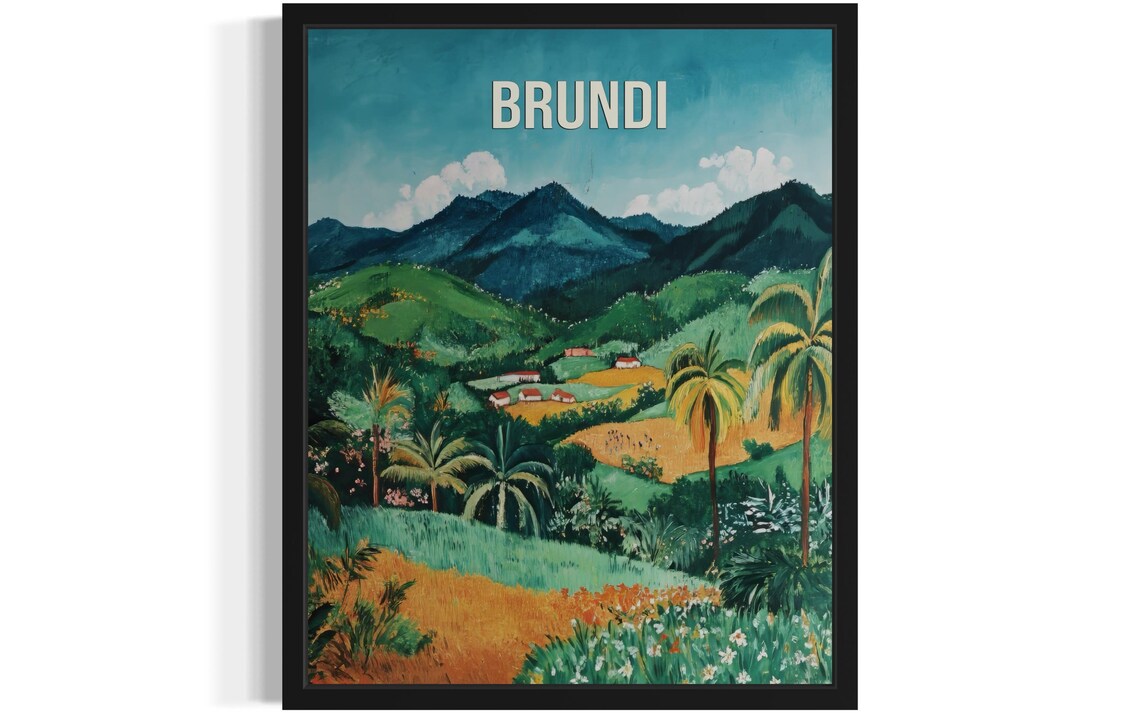 Brundi Palm Dotted Mountains Lush Valley Naive Folk Art Travel Poster