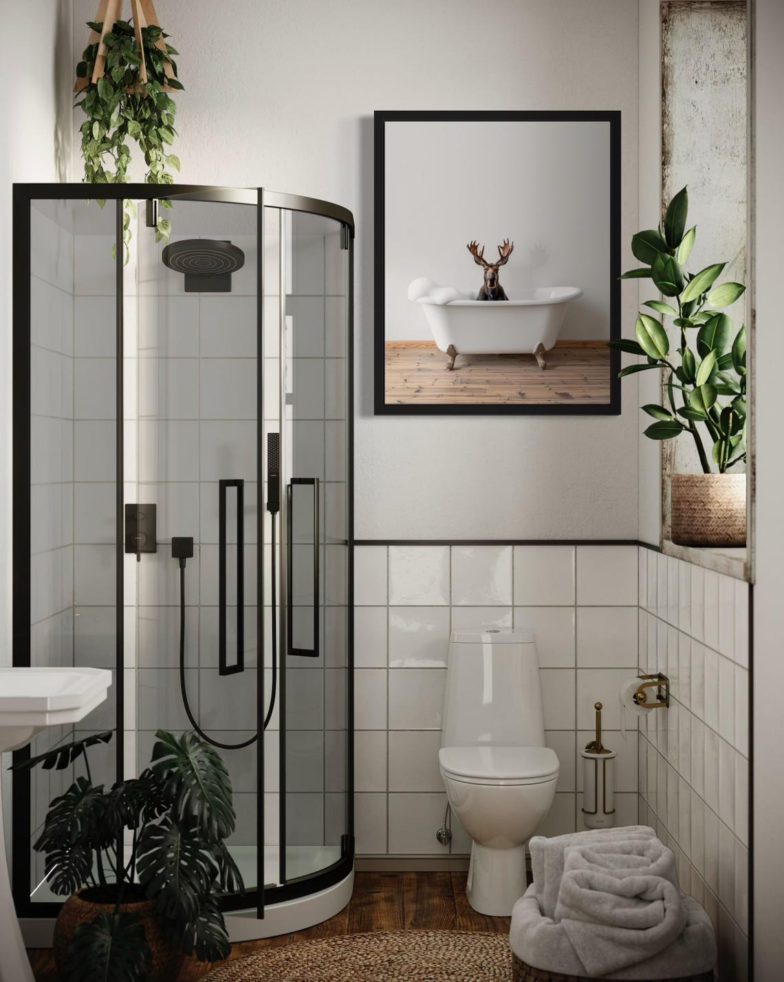 Moose with Antlers Sitting in a White Bubble Bath Tub Photo Poster - Image 4