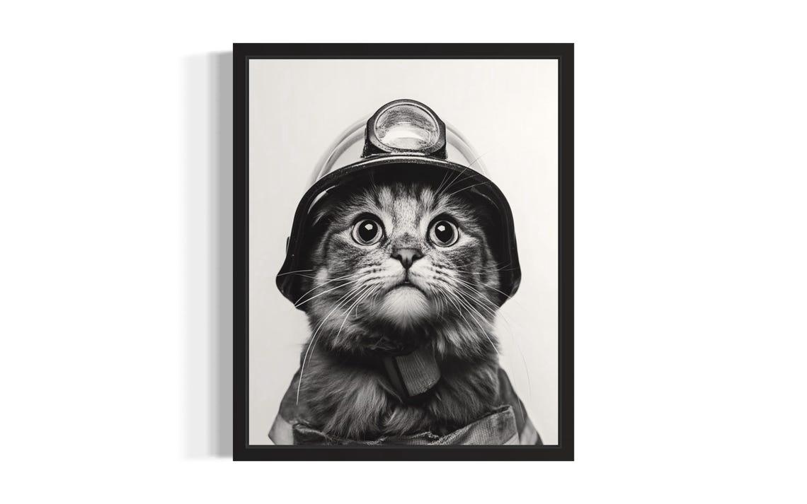 Kitten Firefighter Helmet Black And White Funny Animal Portrait Poster