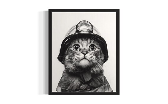Kitten Firefighter Helmet Black And White Funny Animal Portrait Poster
