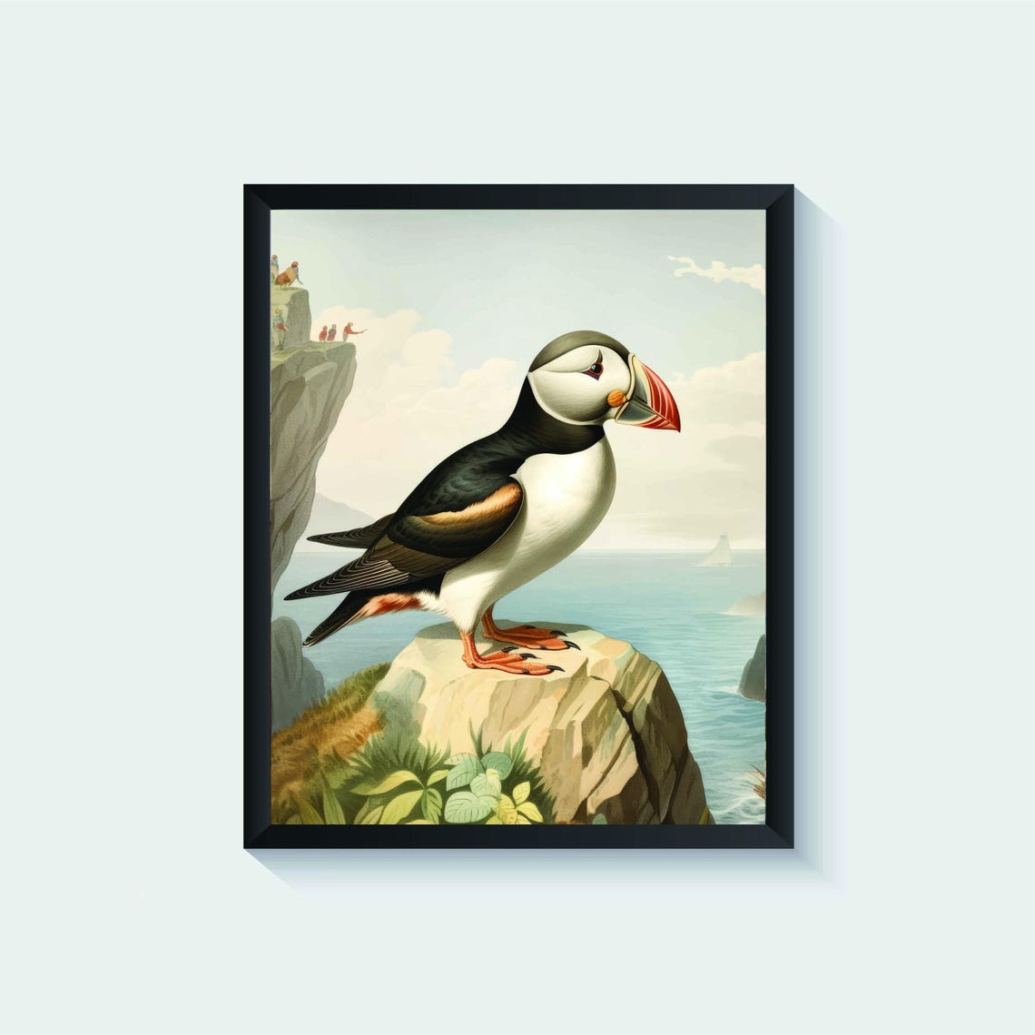 Atlantic Puffin on a Sea Cliff Vintage Bird Illustration Poster