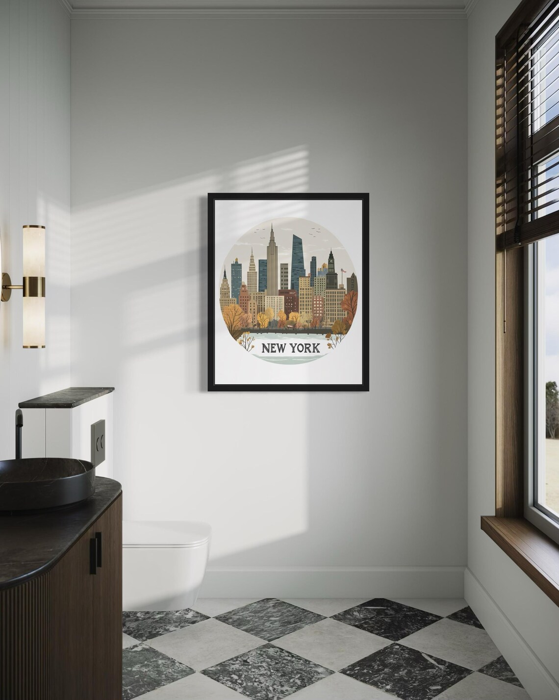 New York City Autumn Skyline Circle Travel Illustration Poster - Image 4