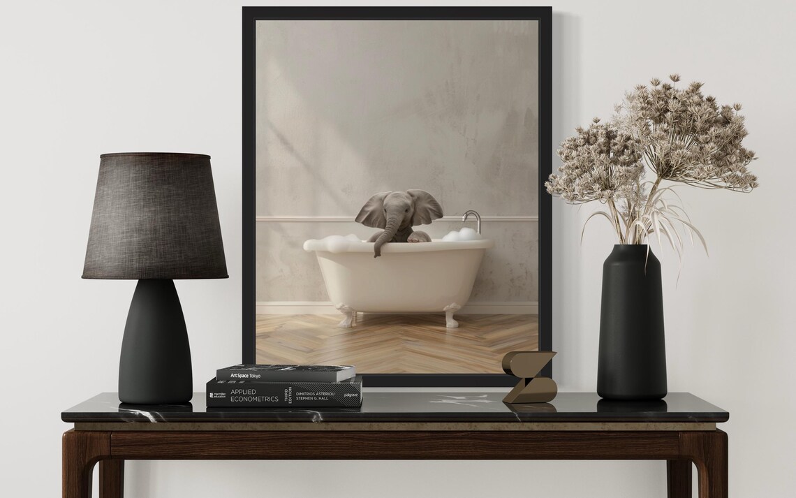 Adorable Baby Elephant Squeezed Into Vintage Clawfoot Bathtub Cute Poster - Image 2