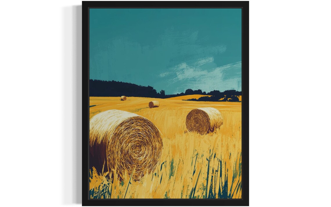 Golden Hay Bales Teal Sky Harvest Field Minimal Illustration Poster