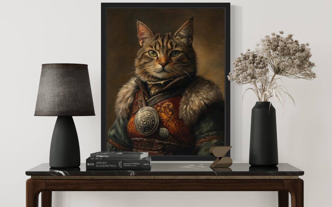 Tabby Cat Viking Warrior In Fur Armor Portrait Oil Painting Poster - Image 3