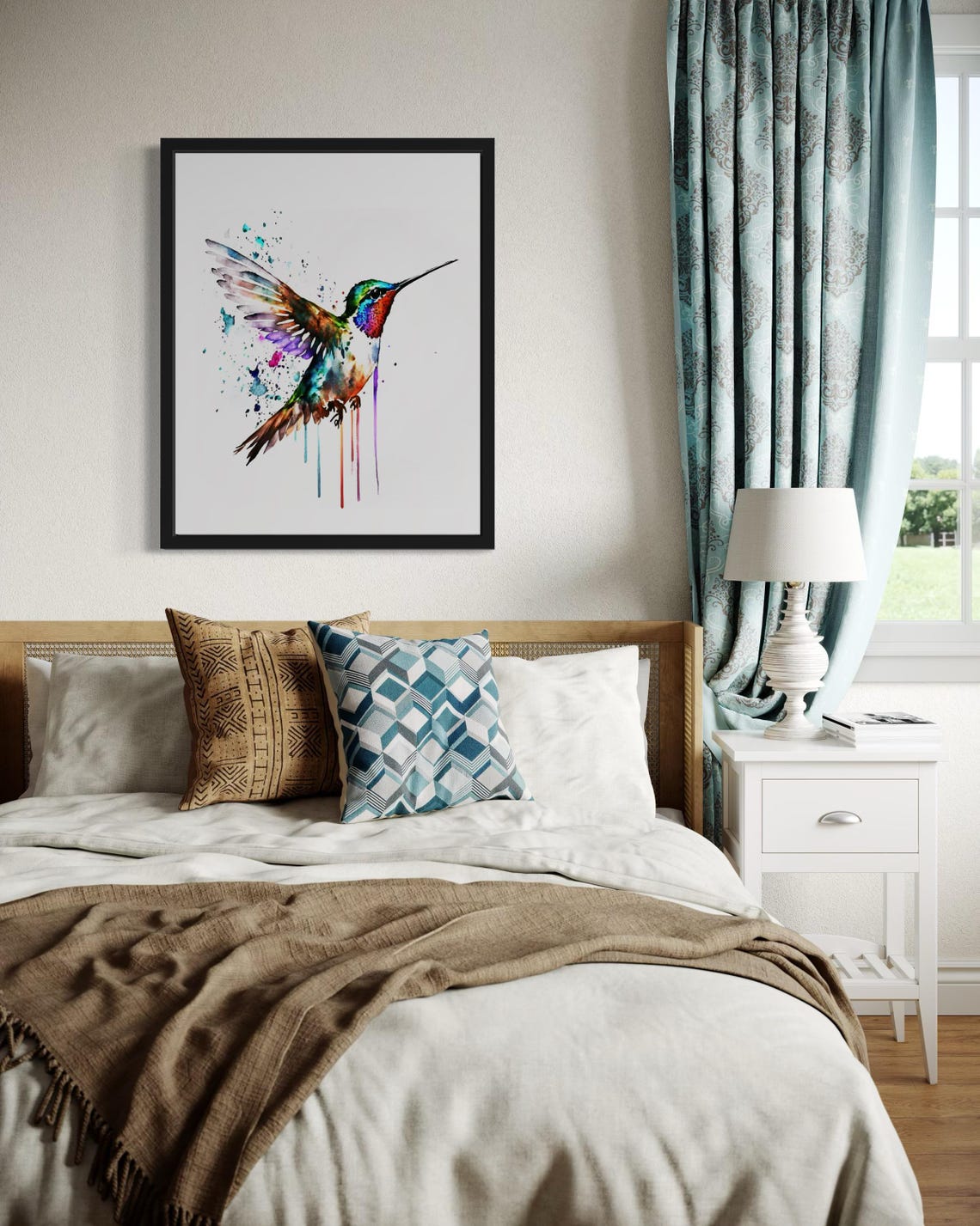 Hummingbird In Flight Colorful Watercolor Splash Bird Poster - Image 4