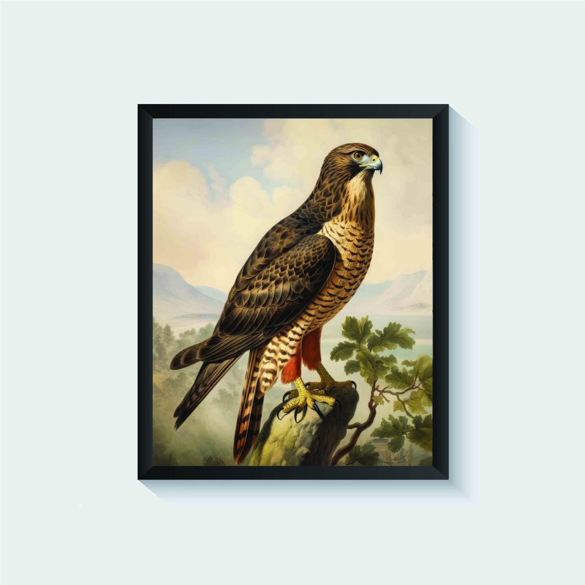Red Tailed Hawk on a Mossy Stump Vintage Bird of Prey Poster