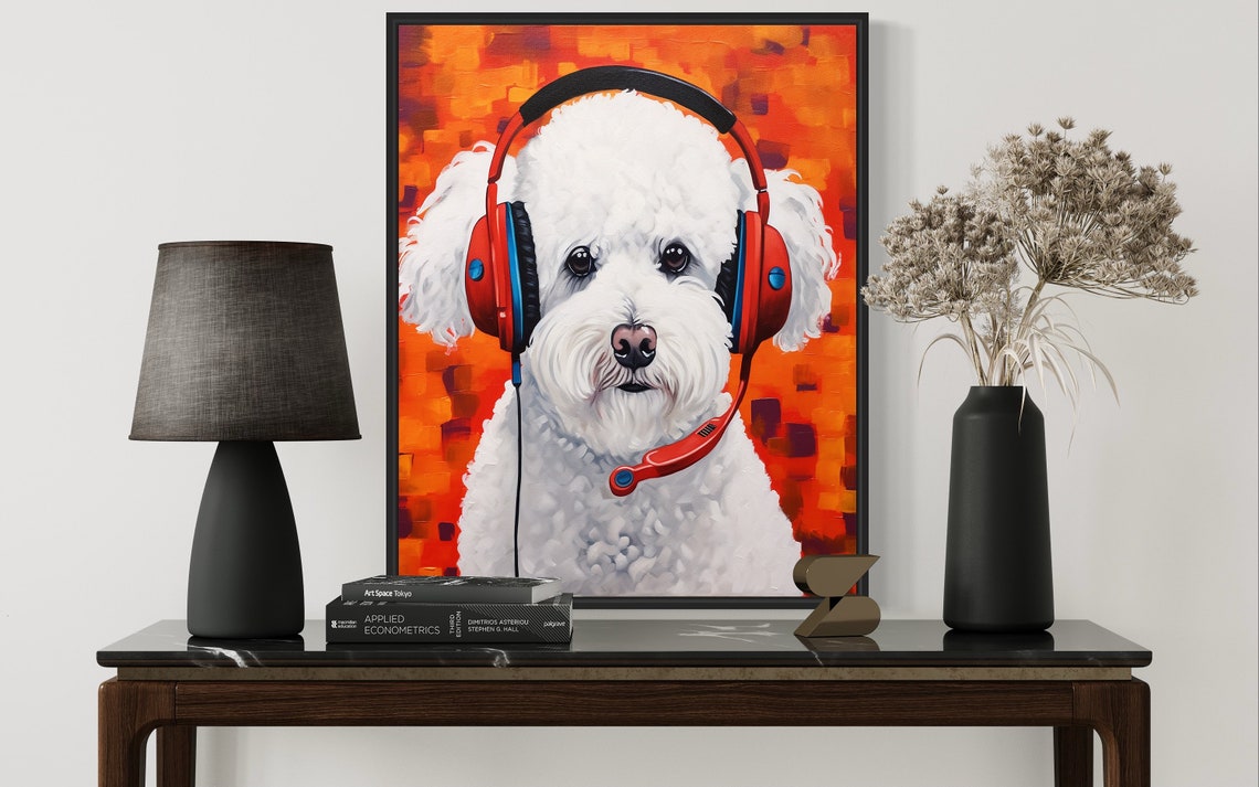 Bichon Frise Dog Wearing Red Headset Pop Art Music Studio Poster - Image 3