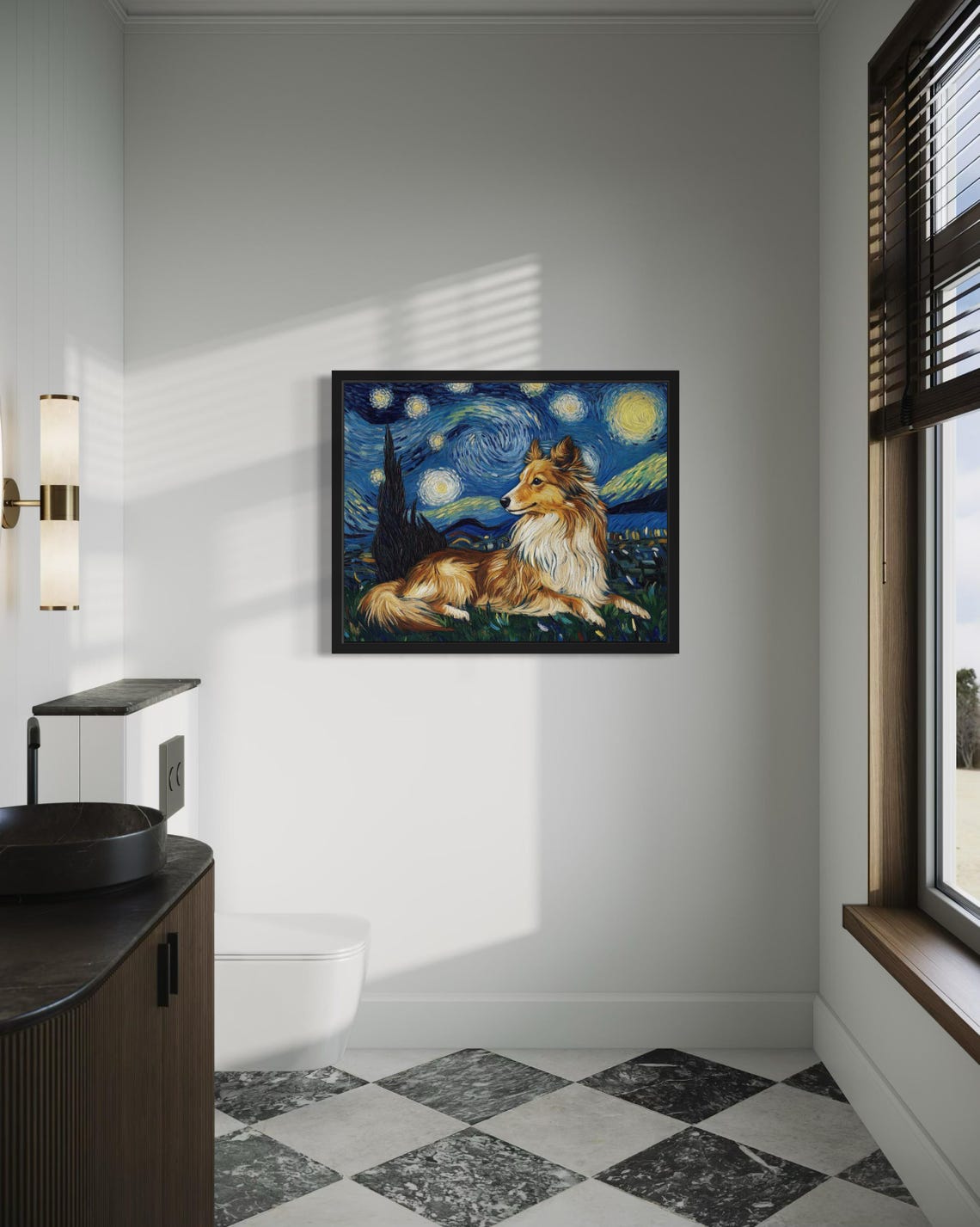 Shetland Sheepdog Resting Under Van Gogh Starry Night Sky Poster - Image 3