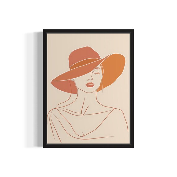 Woman In Terracotta Sun Hat Line Art Chic Fashion Art Poster