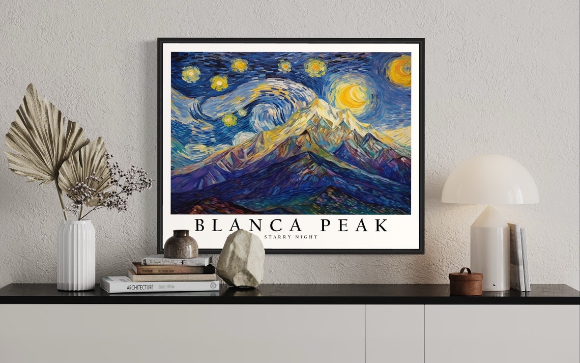 Blanca Peak Colorado Starry Night Snowy Mountain Summit Art Poster - Image 2