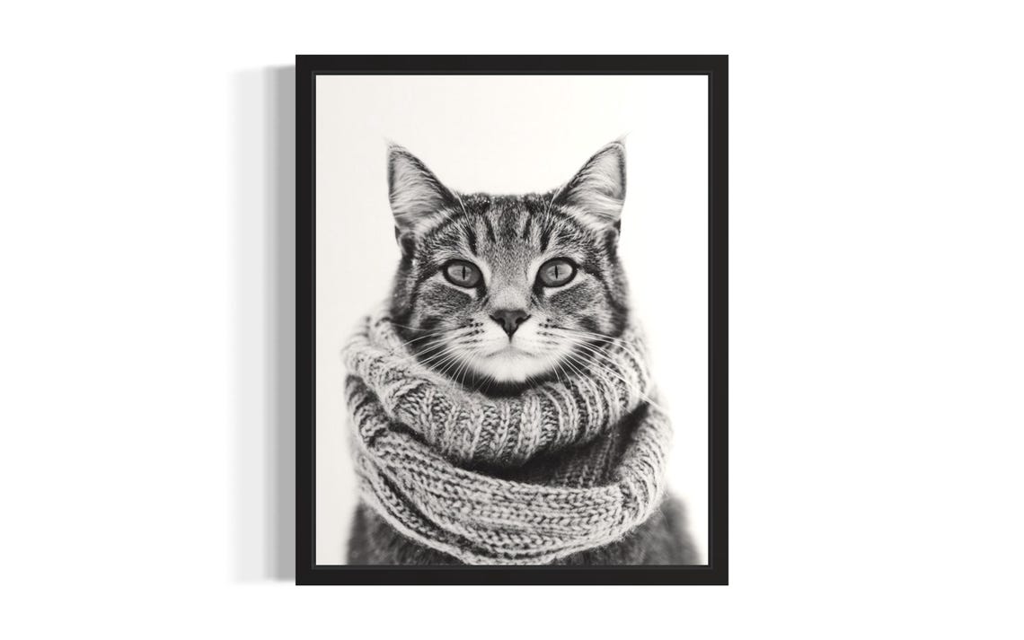 Black And White Tabby Cat In Cozy Knit Scarf Portrait Poster