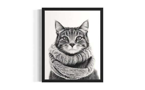 Black And White Tabby Cat In Cozy Knit Scarf Portrait Poster