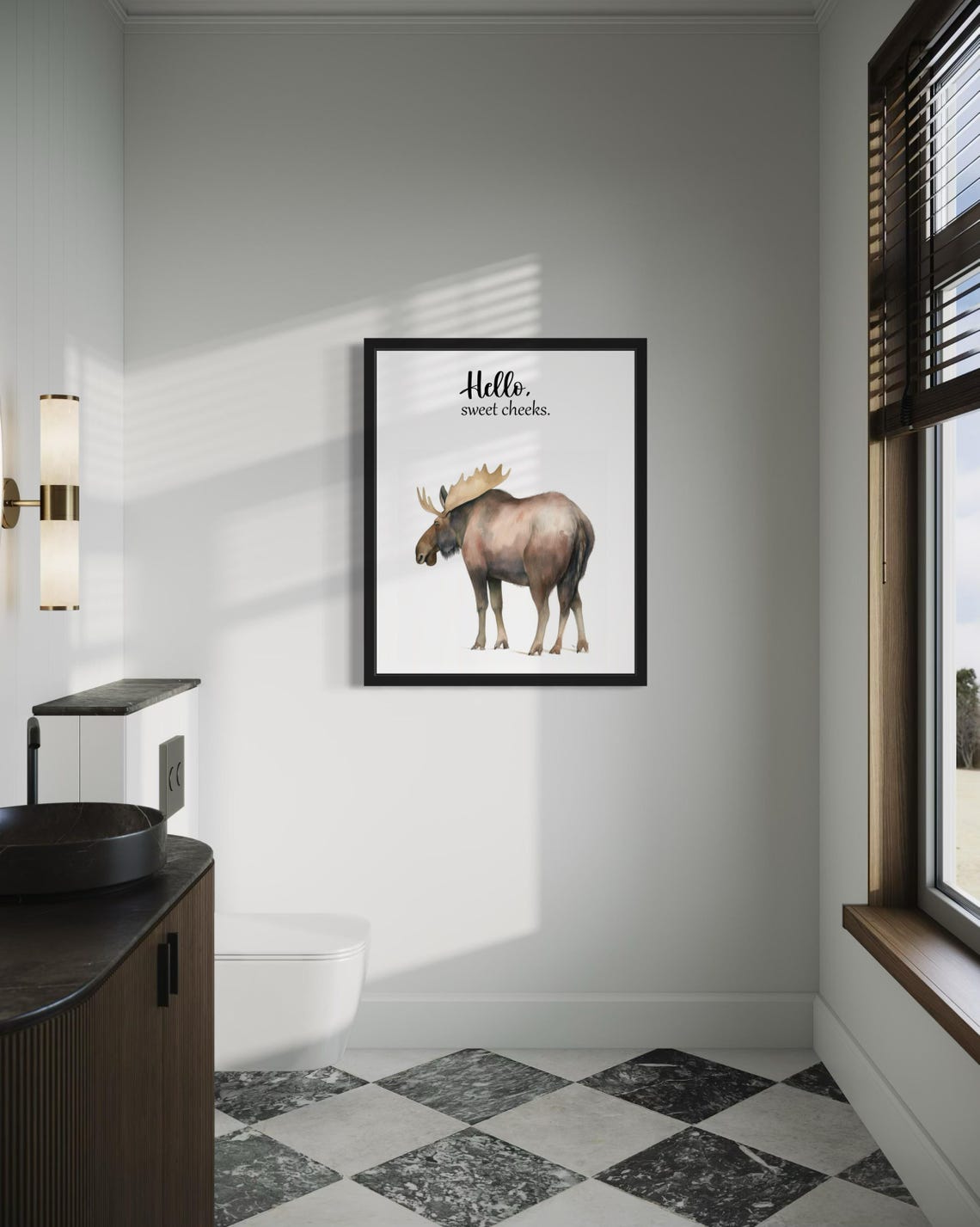 Hello Sweet Cheeks Bull Moose With Antlers Bathroom Humor Poster - Image 4
