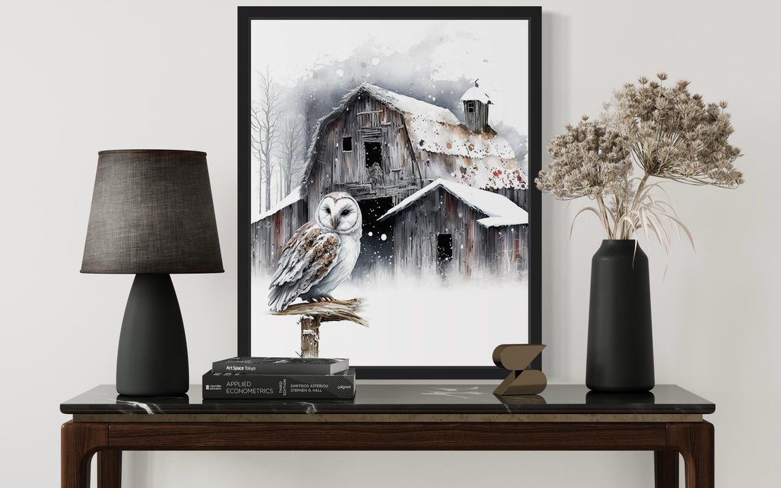 Barn Owl Before Snowy Old Barn Watercolor Winter Scene Poster - Image 4