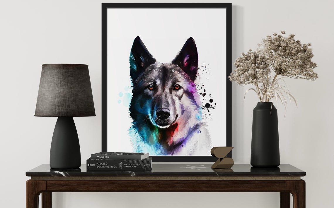 Norwegian Elkhound Dark Coat Colorful Watercolor Portrait Poster - Image 3