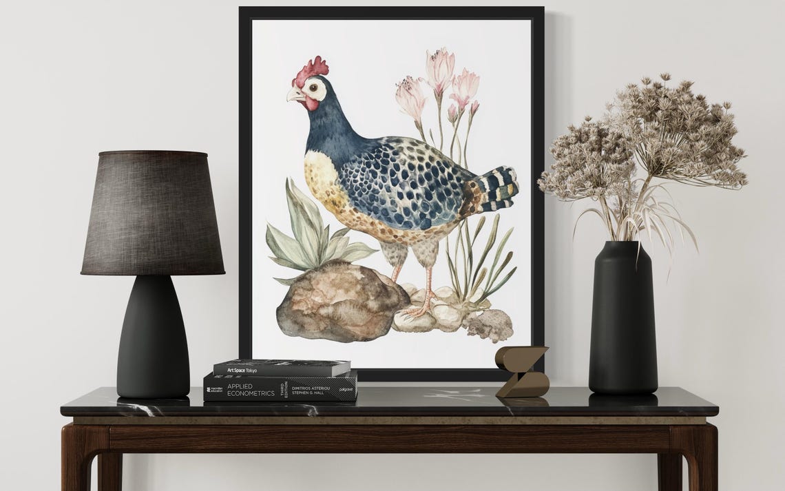 Guinea Fowl on Rocks with Pink Blossoms Watercolor Bird Poster - Image 2