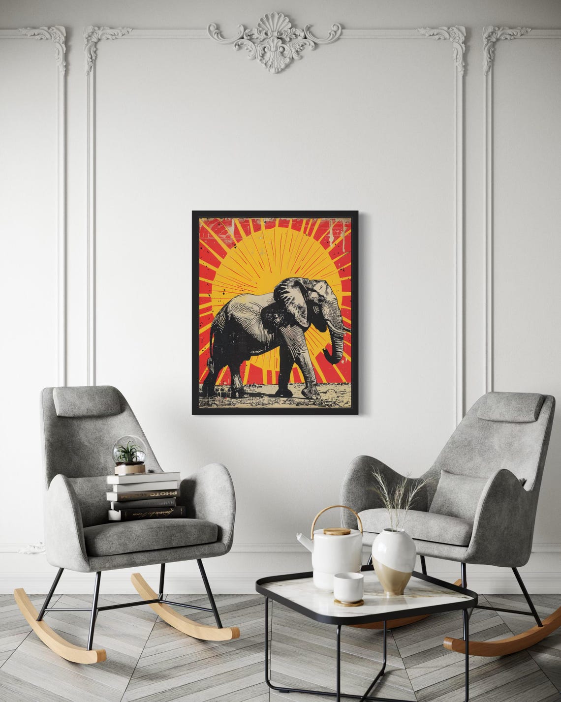 African Elephant Walking Against a Red Sunburst Pop Art Poster - Image 3